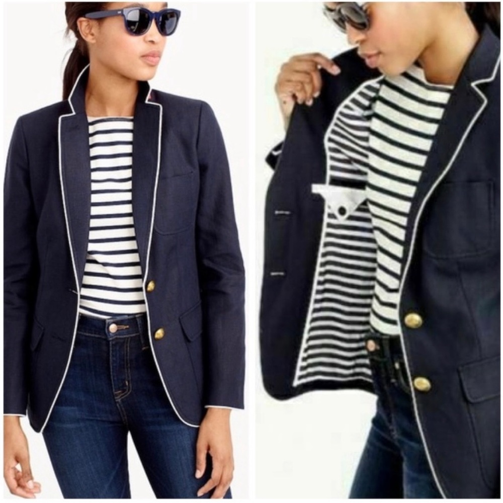 J.CREW Rhodes Blazer in Tipped Linen NAVY Style Nautical Buttons